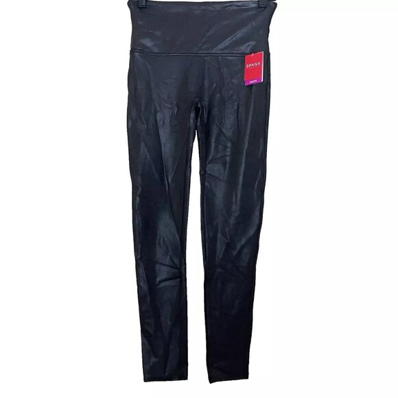 Spanx Black Faux Leather High Waisted Leggings Size Large 2437 NWT Stretch - Picture 2 of 10
